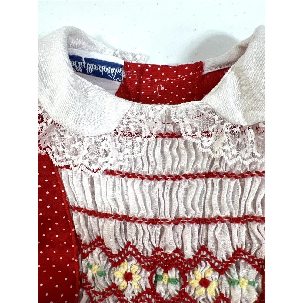 Vintage Polly Flinders Girls Red & White Polka-Dot Lace Smocked Dress Size 3T